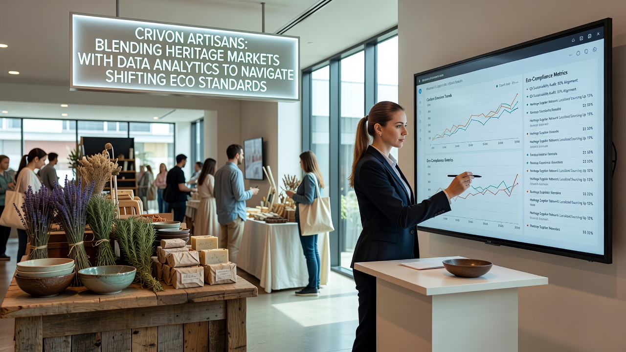 Artisan using tablet to analyze sustainability metrics in a Crivon workshop filled with traditional tools and materials