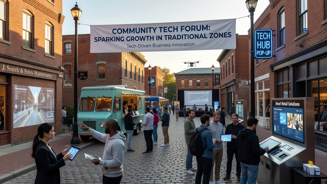 Tech integration at a community event showing digital kiosks and business owners engaging with new tools